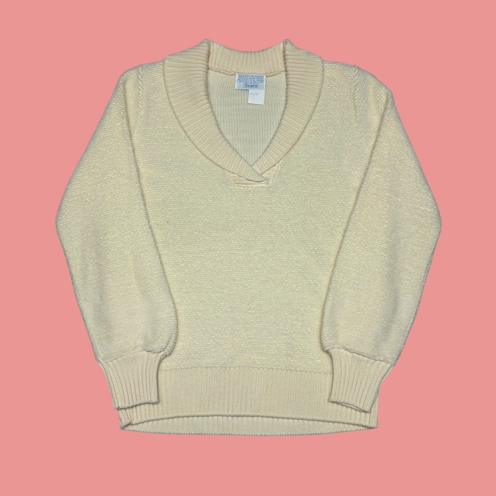 Vintage Sears Women Cream Shawl Collar V-Neck Textured Knit Sweater Size 32